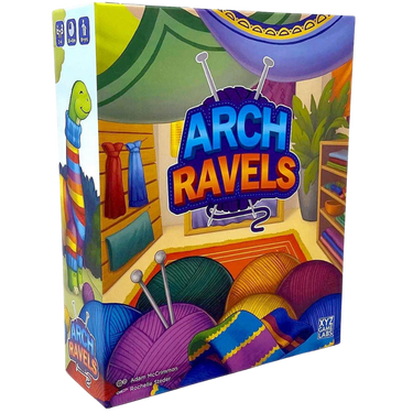 Family game ArchRavels by XYZ Game Labs featuring colorful wooden pieces and game cards on a wooden table.