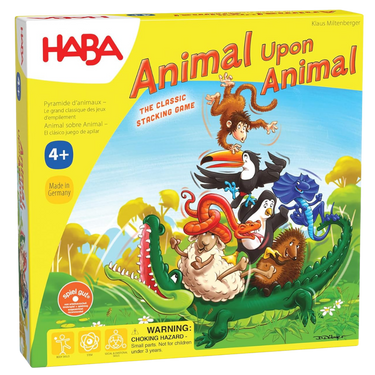 Colorful HABA Animal Upon Animal children's game with wooden animal figures stacked on a game board.