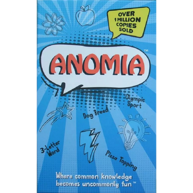 Anomia party game by Coiled Spring Games showing colorful game cards and playing surface with game components.