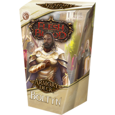 Flesh And Blood TCG Armory Deck featuring Boltyn, a trading card game deck with colorful cards and game accessories.