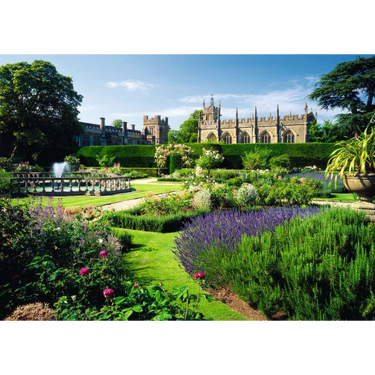 Ravensburger adult puzzle featuring a beautiful Sudeley Garden with vibrant flowers and lush greenery.