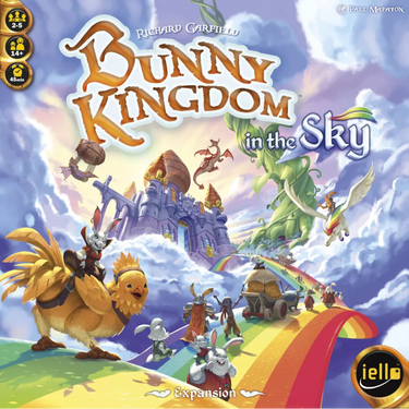 Bunny Kingdom: In The Sky expansion box for family game by IELLO, featuring colorful bunny and sky-themed artwork.