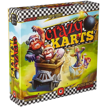 Family game Crazy Karts by Portal Games, featuring colorful cartoon characters and kart racing scene on the game box.