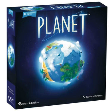 Blue Orange Planet abstract game with colorful planetary illustrations and game pieces on a wooden surface.
