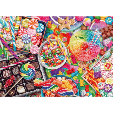 Colorful Candylicious adult puzzle by Schmidt featuring vibrant candy illustrations and intricate puzzle pieces.