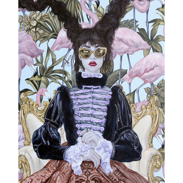 Carlos Gámez de Francisco: Girl with Pink Flamingos - Thirsty Meeples