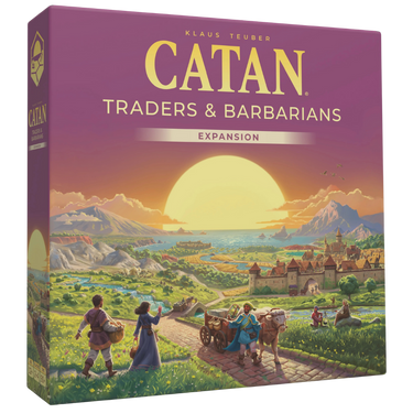 Catan Traders & Barbarians Expansion for Catan board game by Catan Studios, showing game box with colorful artwork and expansion components.