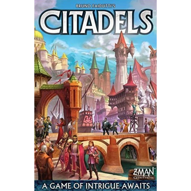 Image of Citadels Revised Edition family game by Z-Man Games featuring colorful game box and illustrated game components.