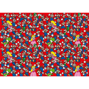 Adult puzzle featuring Challenge: Super Mario by Ravensburger, showing colorful Mario-themed puzzle pieces and vibrant game imagery.
