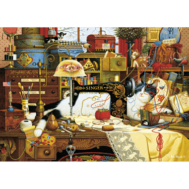 1000-piece Charles Wysocki puzzle featuring Maggie the Messmaker by Schmidt, showcasing vibrant, detailed artwork of a whimsical country scene.