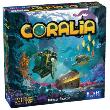 Family game Coralia by HUCH! featuring colorful ocean-themed game pieces and vibrant game board for family fun.