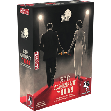 Image of Deadly Dinner: Red Carpet in Ruins party game by Pegasus Spiele, showing colorful game components and thematic box art.