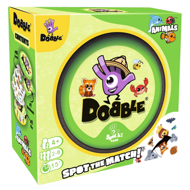 Children's game Dobble Animals by Zygomatic featuring colorful animal cards and game components on a table.
