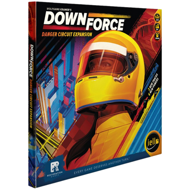 Family racing game Downforce: Danger Circuit by IELLO with colorful race cars on a racing track.