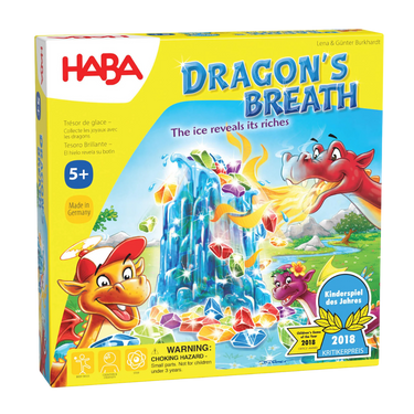 HABA Dragon's Breath children's game with colorful dragon-themed game pieces and game board for kids' fun.