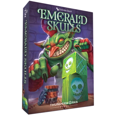 Emerald Skulls strategy game by Thunderworks Games featuring colorful skull tokens and game components on a wooden surface.