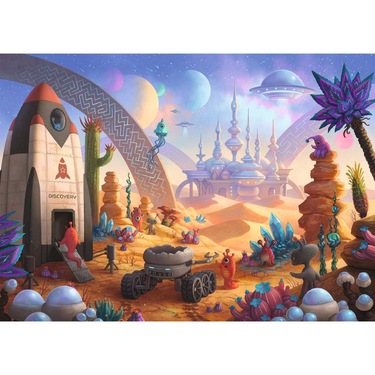 Ravensburger EXIT Puzzle Kids: The Space Mission, colorful children's puzzle featuring space adventure imagery and puzzle pieces.