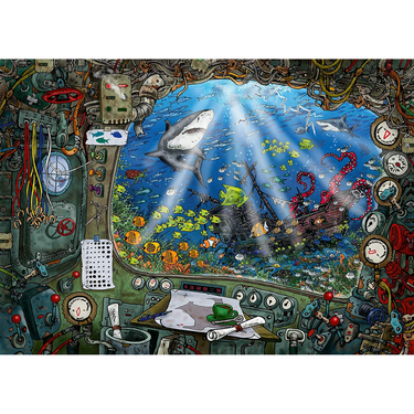 Ravensburger EXIT Puzzle: In The Submarine, adult escape room puzzle with underwater submarine scene and intricate details.