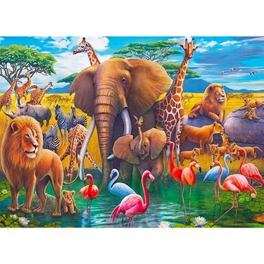 Ravensburger children's Exotic Safari puzzle featuring colorful jungle animals and vibrant safari scene.