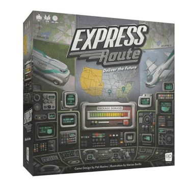 Strategic board game "Express Route: Deliver the Future" by The Op Games featuring colorful game pieces and a detailed game board.