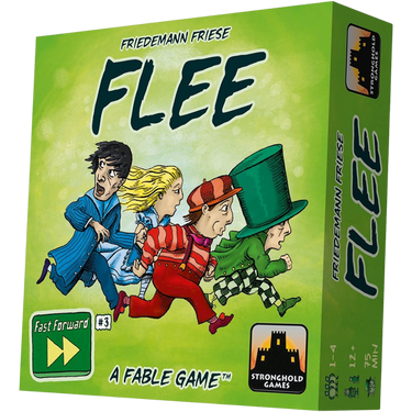 Family game Fast Forward: FLEE by Stronghold Games featuring colorful game pieces and a game board with strategic layout.