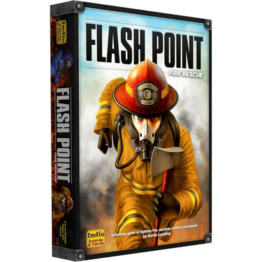 Family game box for Flash Point: Fire Rescue by Indie Boards & Cards, featuring colorful fire rescue scene artwork.