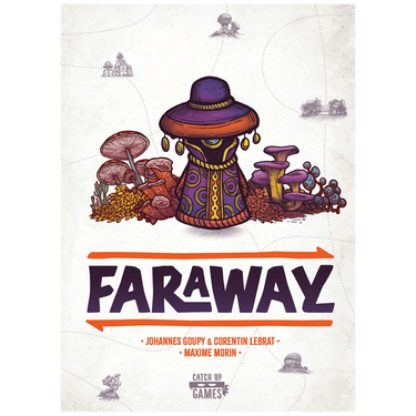Faraway family game by Catch Up Games featuring colorful game components and a scenic illustrative game board.