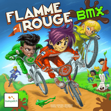 Children's game Flamme Rouge BMX by Lautapelit.fi featuring colorful game components and BMX-themed artwork.