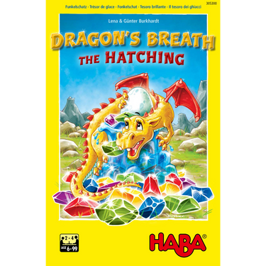 HABA Dragon's Breath: The Hatching children's game featuring colorful dragon eggs and game components on a wooden surface.