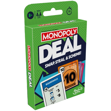 Hasbro Monopoly Deal family card game with colorful cards spread out on a surface, featuring property and action cards.