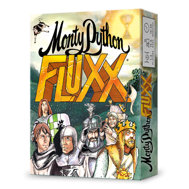 Monty Python Fluxx family card game by Looney Labs featuring colorful cards and whimsical design on a game table.