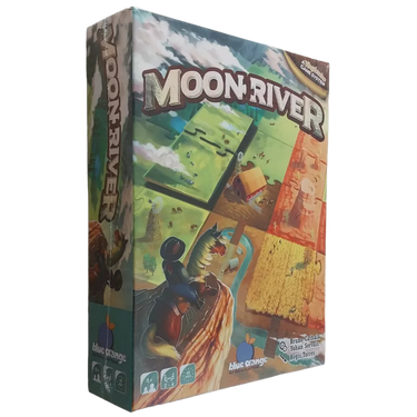 Blue Orange Moon River family game box with colorful river-themed artwork and game components on a table.