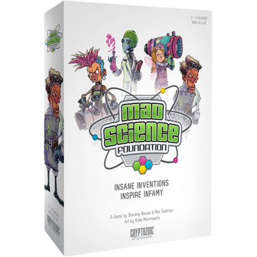 Mad Science Foundation strategy game by Cryptozoic Entertainment featuring colorful science-themed game components and materials.