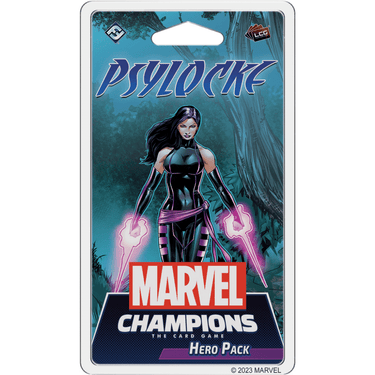 Marvel Champions Psylocke hero pack for living card game by Fantasy Flight Games, featuring Psylocke character card and artwork.