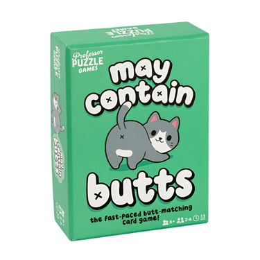 May Contain Butts party game by Professor Puzzle featuring colorful, humorous illustrations of cartoon butts for fun gameplay.