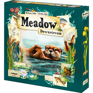 Rebel Studio Meadow Downstream family game box with colorful artwork and game components spread out on a table.