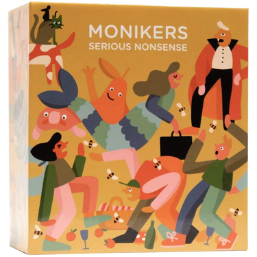 A box of Monikers: Serious Nonsense party game by CMYK featuring colorful, playful design on the game packaging.