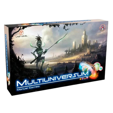 Image of Multiuniversum strategy game by Board&Dice showing colorful game box and game components on a table.
