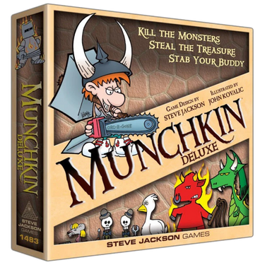 Munchkin Deluxe party game by Steve Jackson Games featuring colorful game box and character illustrations on the cover.