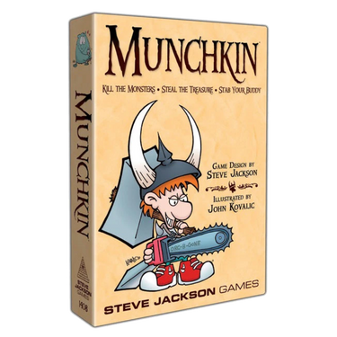 Image of the Munchkin family game by Steve Jackson Games, featuring colorful game box and illustrated characters.