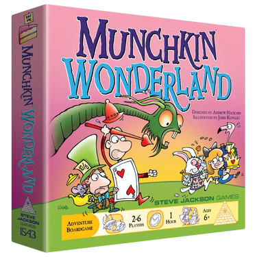 Munchkin Wonderland party game box by Steve Jackson Games showing colorful cartoon characters and whimsical fantasy artwork.