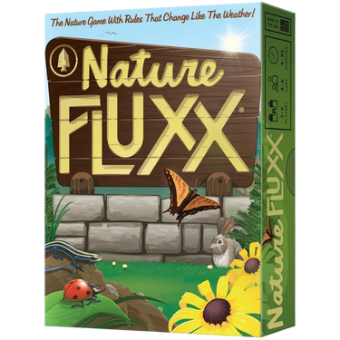 Family game scene featuring Nature Fluxx card game by Looney Labs, with colorful cards and playful setup.