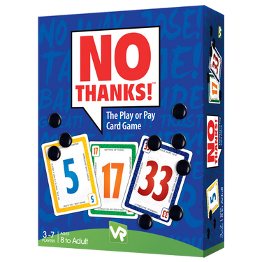 Family card game "No Thanks!" by Amigo, featuring colorful cards with numbered and "No Thanks" options on a table.