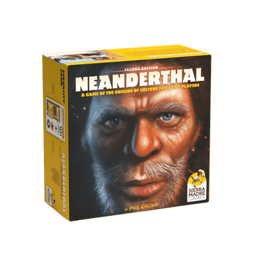 Neanderthal second edition strategy game by Sierra Madre Games, showing game box and components on a wooden table.