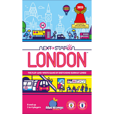 Family game box for Next Station: London by Blue Orange, featuring colorful illustrations of London landmarks and game components.