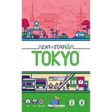 Blue Orange Next Station Tokyo family game box featuring colorful game pieces and a map of Tokyo for family fun.