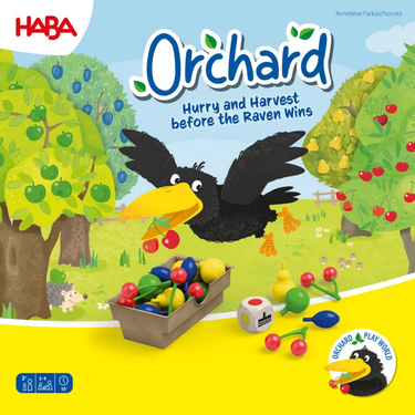 HABA Orchard children's game with colorful wooden fruit pieces and game board for family fun and educational play.