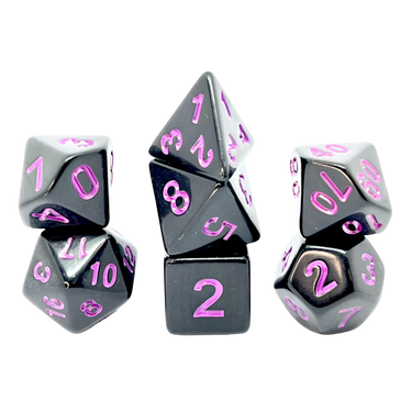 Black and purple pearl dice set from Dice 4 Friends, featuring glossy, multi-sided gaming dice for tabletop role-playing games.