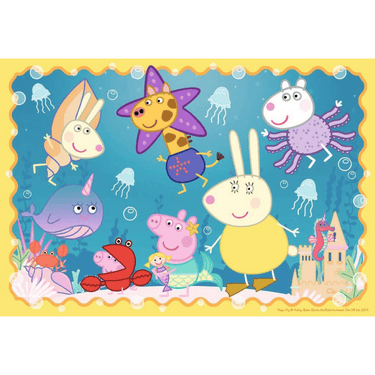 Children's puzzle featuring Peppa Pig Underwater Adventure by Ravensburger, colorful underwater scene with Peppa and friends.