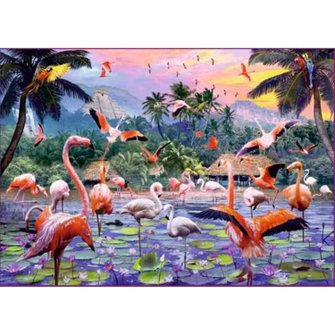 Ravensburger adult 1000-piece pink flamingoes puzzle featuring colorful flamingo illustrations on a vibrant background.